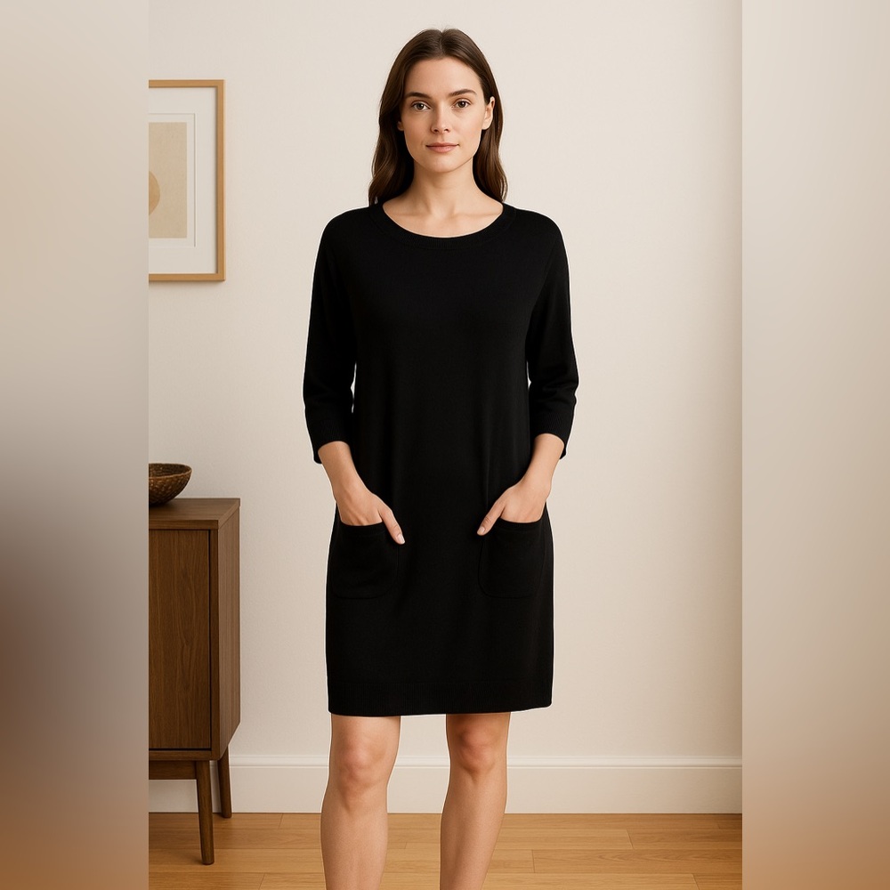 Garnet Hill Black Merino Wool Sweater Dress Pockets 3/4 Sleeve Medium